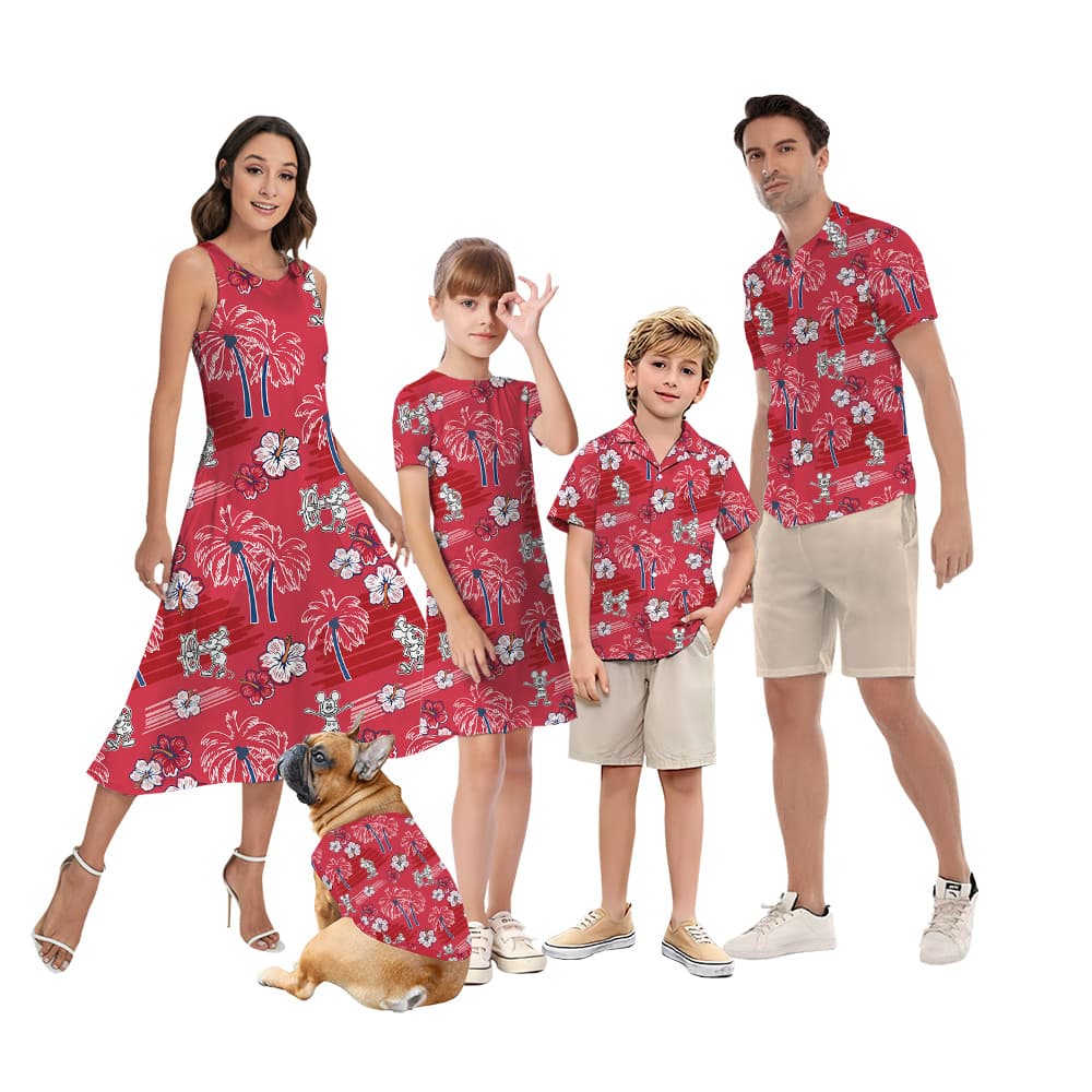 Classic Palm Tree Hibiscus Steamboat Willie Mickey Red Matching Hawaiian Outfits For Family