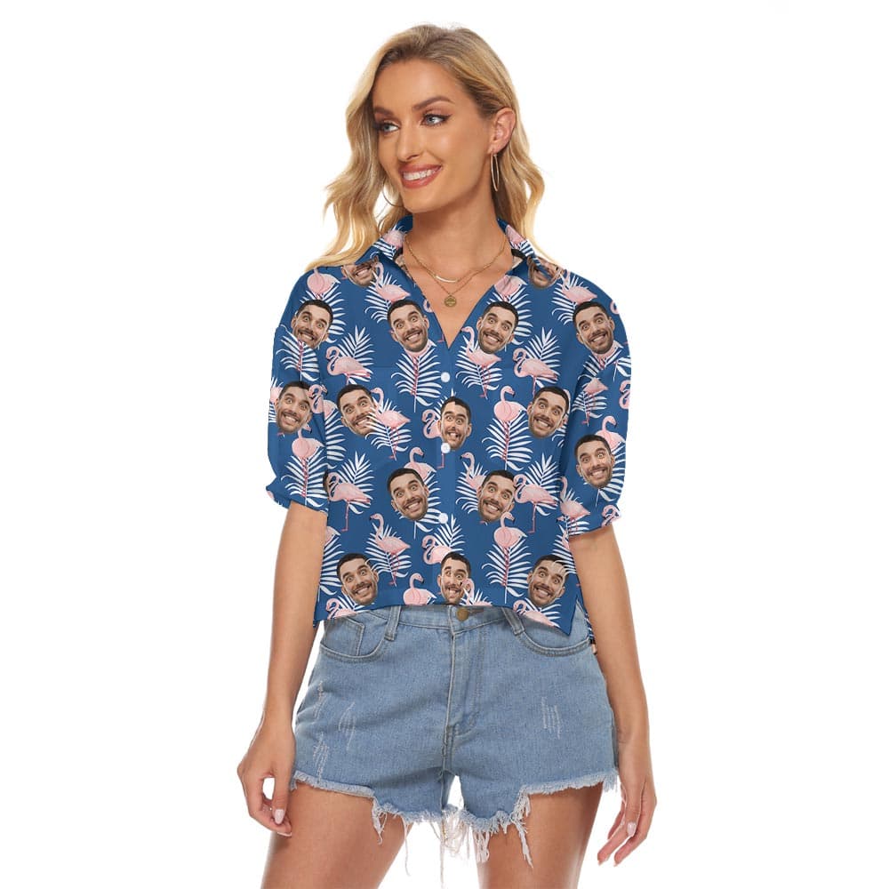 Cool Custom Flamingo Crop Top Hawaiian Shirt For Women is so lovely with flamingo Hawaiian print and you can custom many faces on it to make it totally yours!