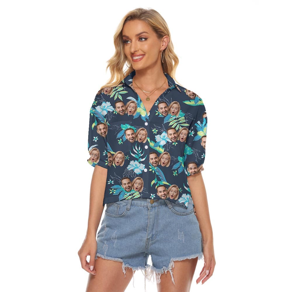 Cool Navy Custom Face Floral Crop Top For Women
