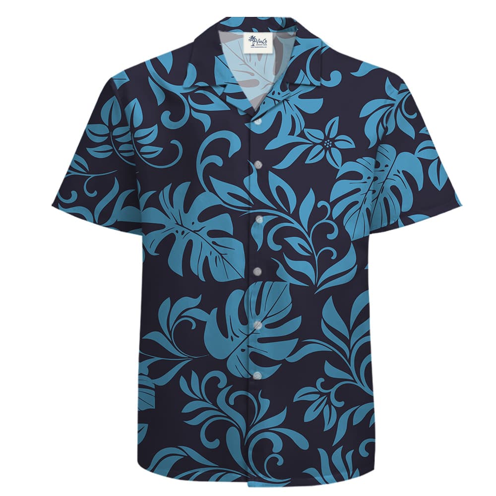 A Cotton Button Up Hawaiian Shirt for Men with design features stylish dark navy background with light blue floral motifs.