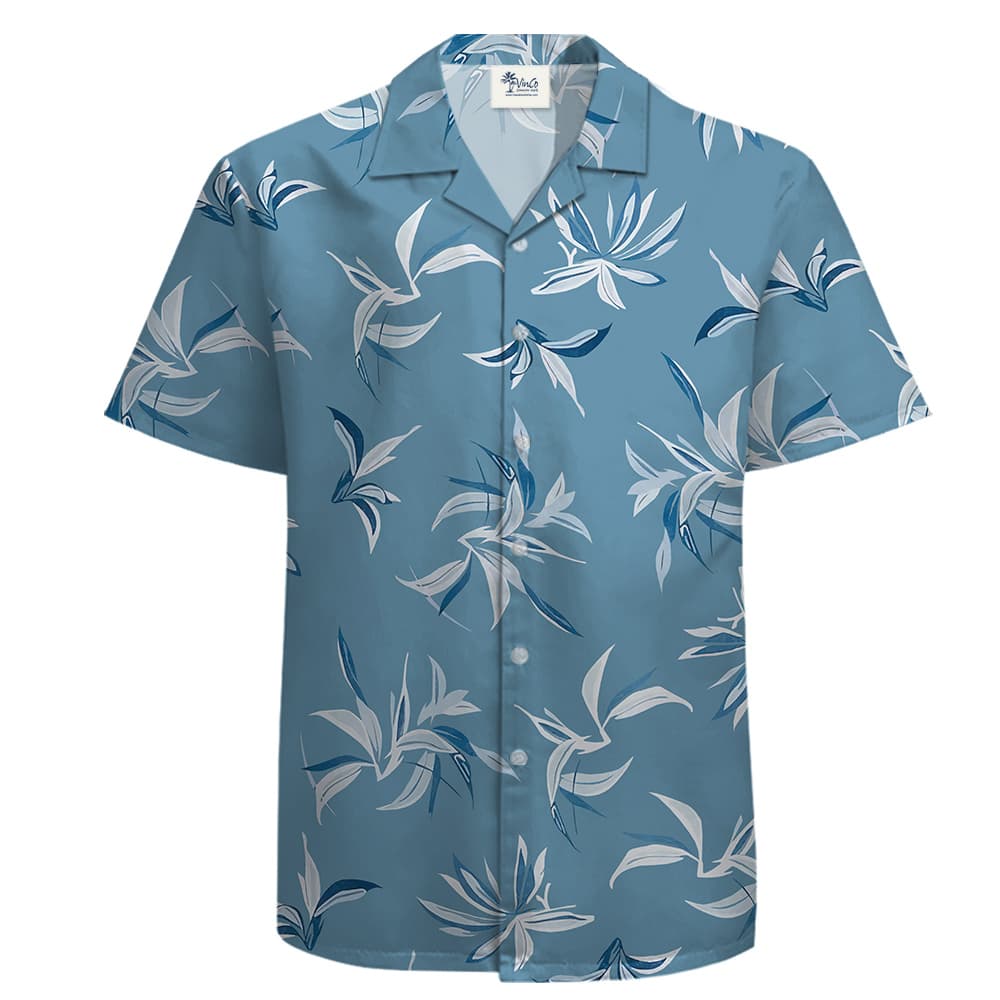 Cotton Short Sleeve Button Up Shirt for Men featuring light blue and white bloom flowers scattered on a deep blue canvas.