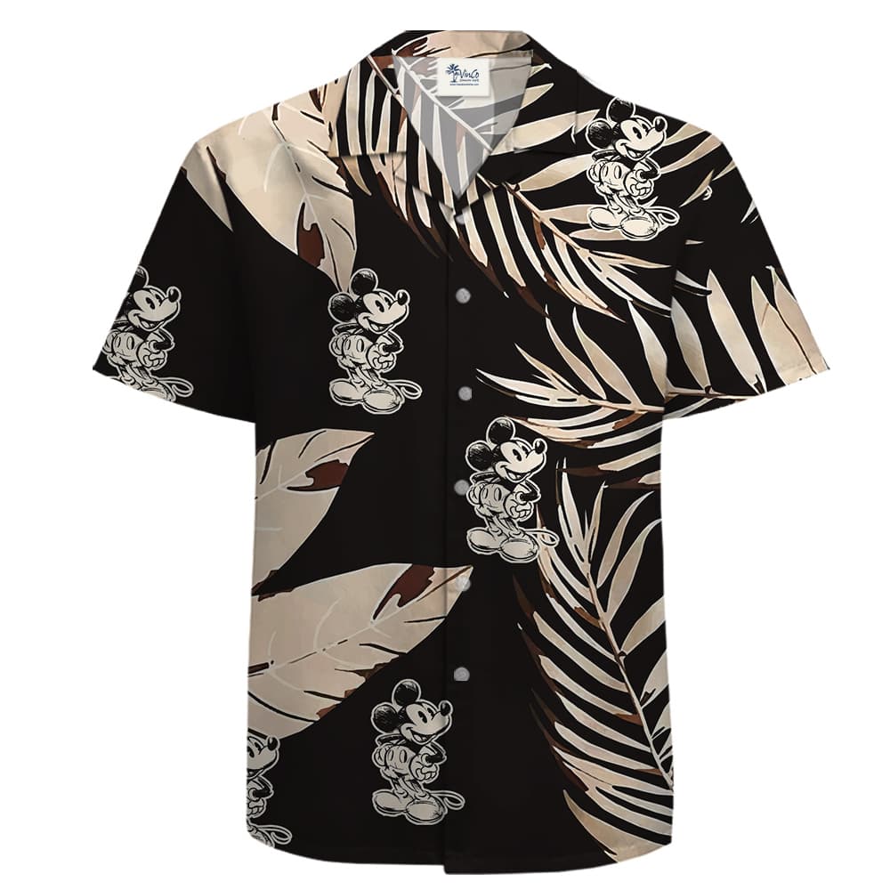 Button up tropical shirt for men with trendy tropical leaves, Areca Palm and Bird Leaves in Black Tone, with repeating Mickey Steamboat Willie 1928 graphics.