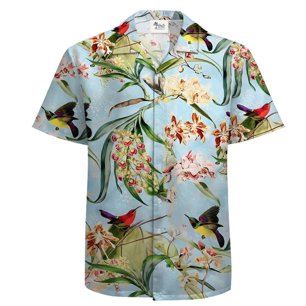 A Short Sleeve Blue Shirt with Hummingbirds and Tropical Flowers