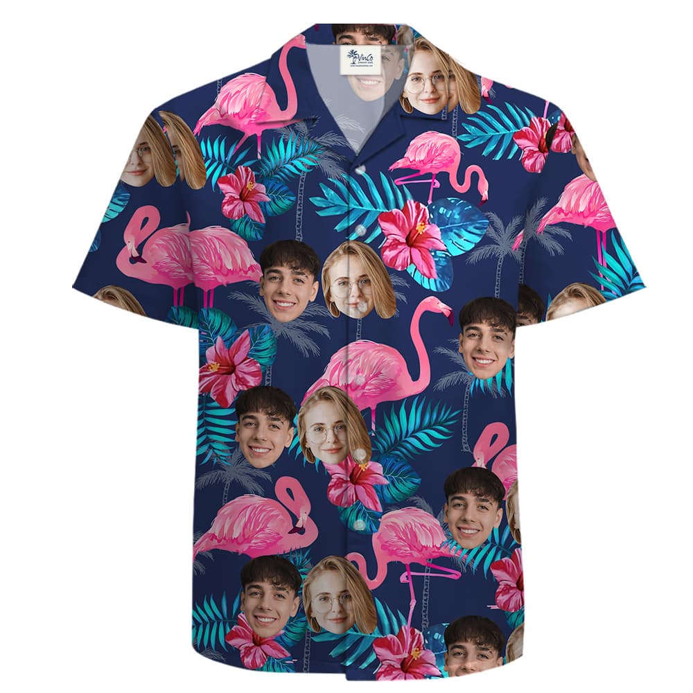A Hola Shirt with Custom Faces on Pink Flamingo and Tropical Floral Leaves Navy Theme
