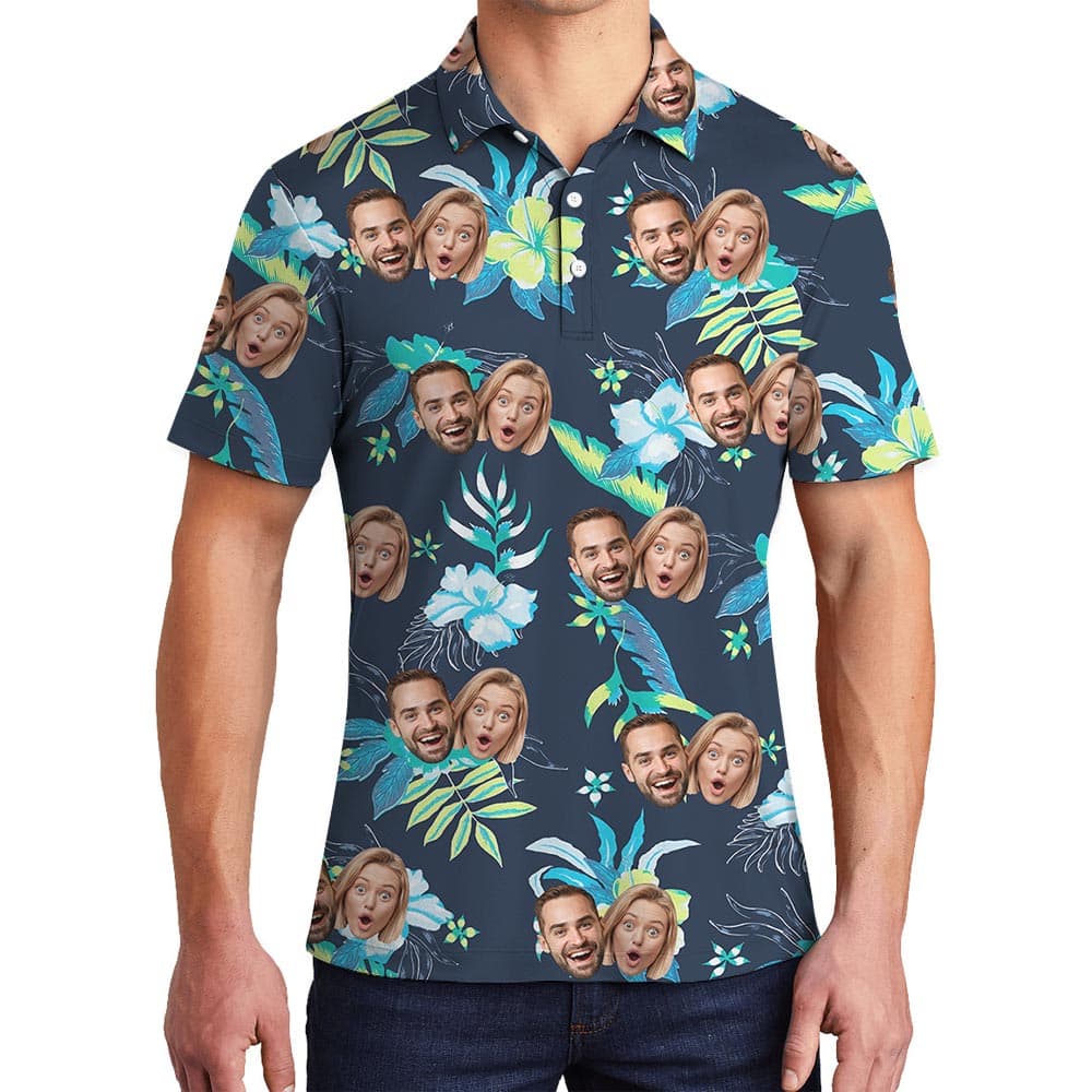 Custom 1-4 Faces Men's Floral Polo Shirt Navy has a tropical print and custom face option