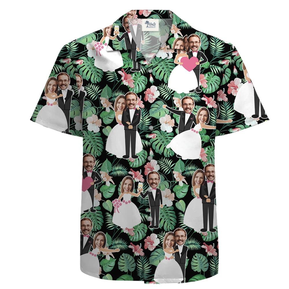 Short Sleeve Hula Shirt with Custom Face for Wedding Couple on Green Tropical Forest Pattern