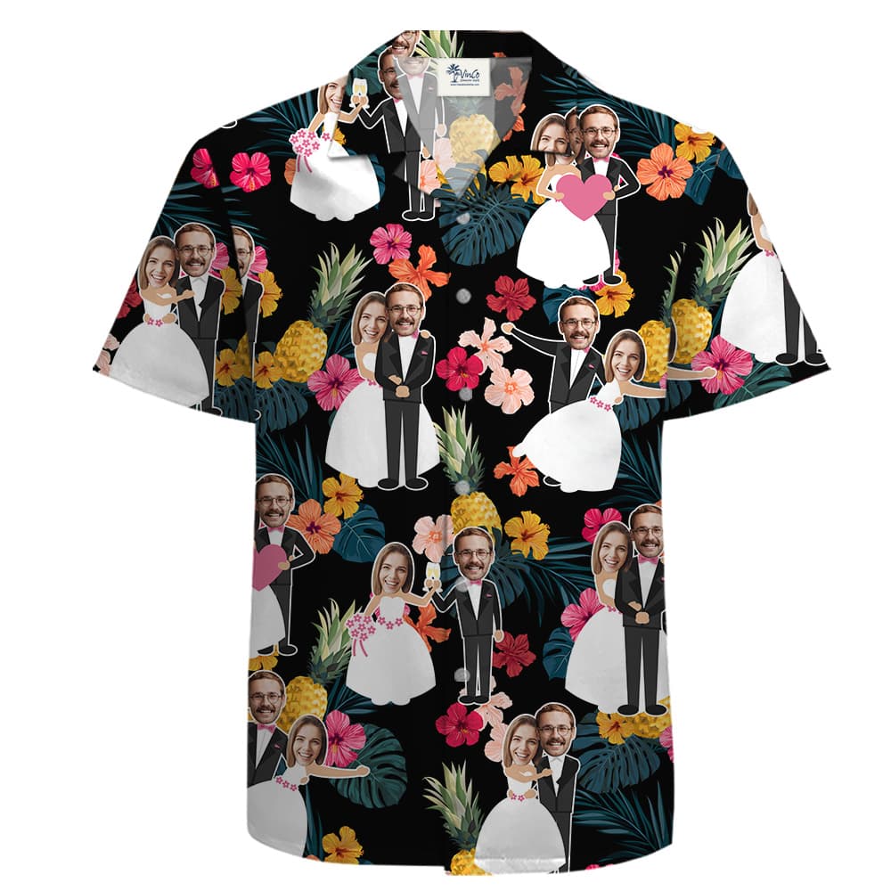 A Button Up Tropical Shirt with Animated Bride and Groom