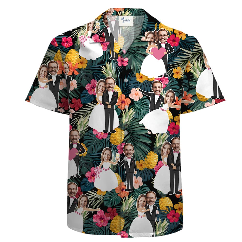 A Button Up Shirt with Custom Face on Animated Bride and Groom on Tropical Leaves and Hibiscus