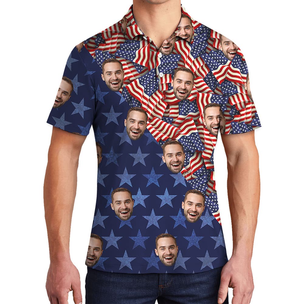 Custom Face American Flag Patriotic Men's Polo Shirt