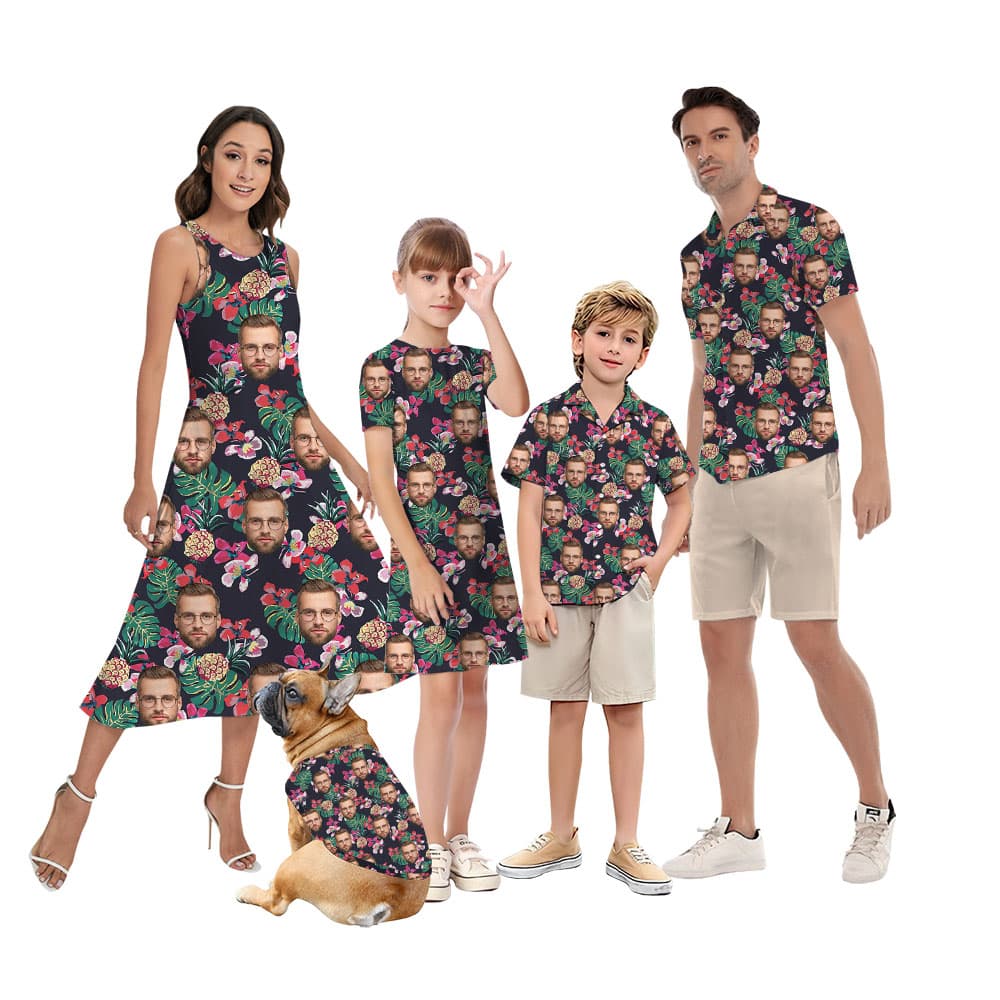 Custom Face Black Matching Hawaiian Shirt For Family4