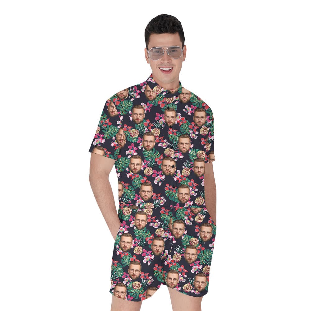 Custom Face Floral Black Romper For Mens1
