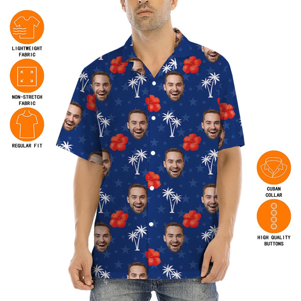 Custom Face Hibiscus 4th Of July Blue Hula Shirt