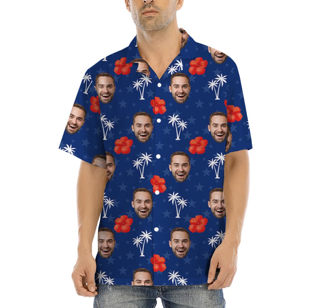 Custom Face Hibiscus 4th Of July Blue Hula Shirt