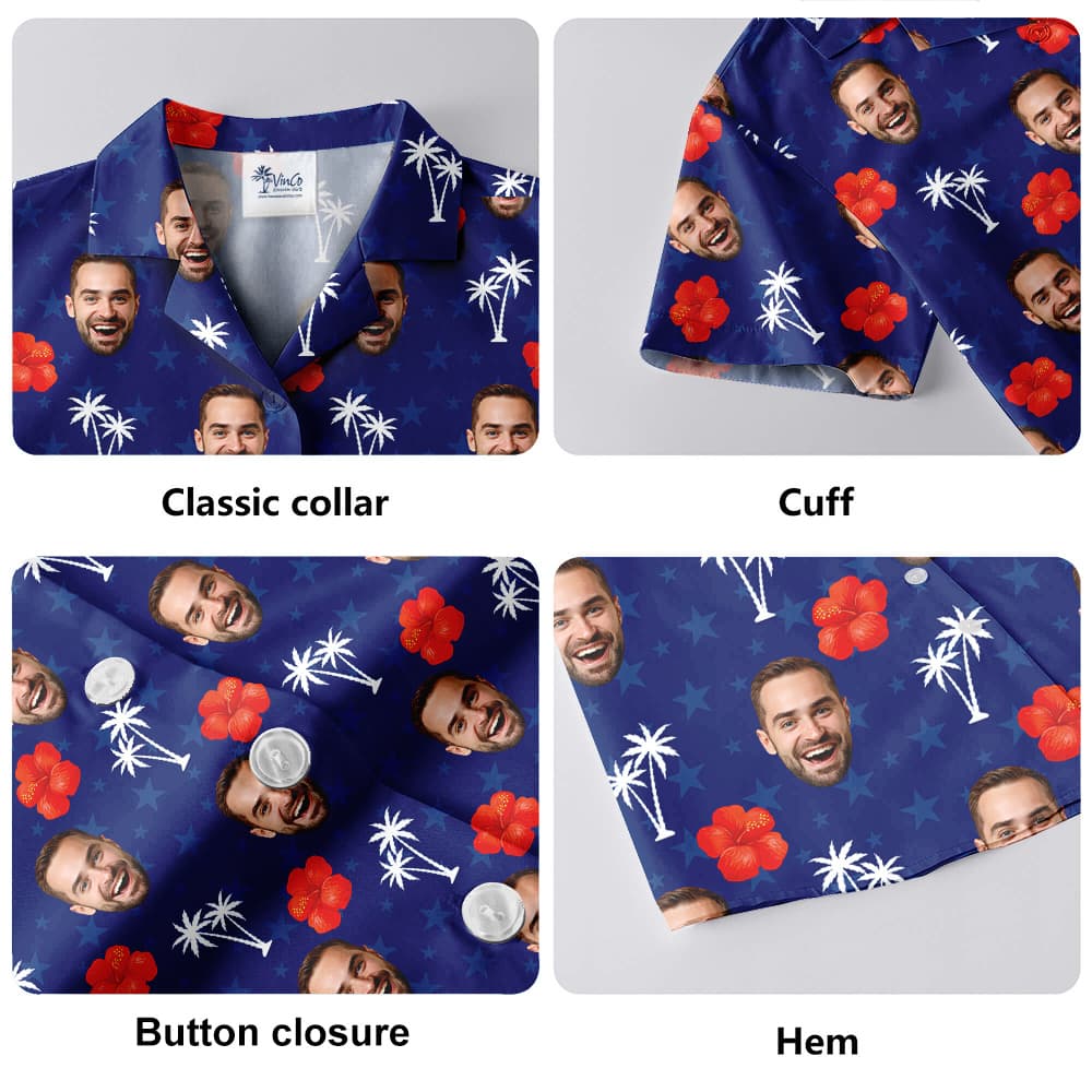 Custom Face Hibiscus 4th Of July Blue Hula Shirt