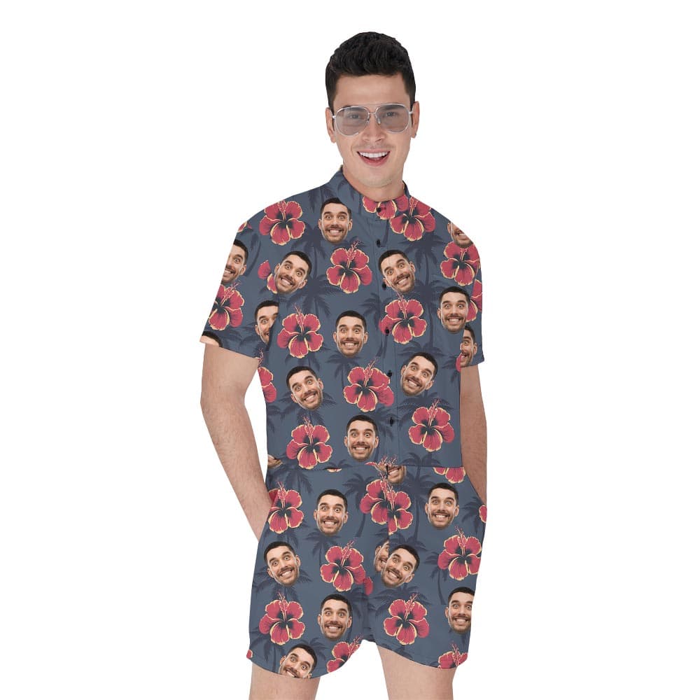 Custom Face On Men's Romper Navy Hibiscus Print