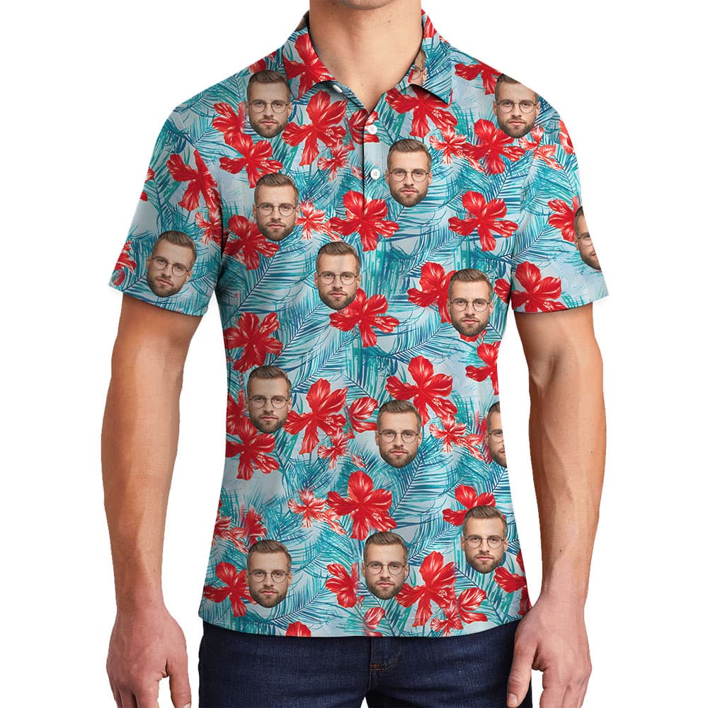 Custom Face Or Logo Floral Polo Shirts Blue1