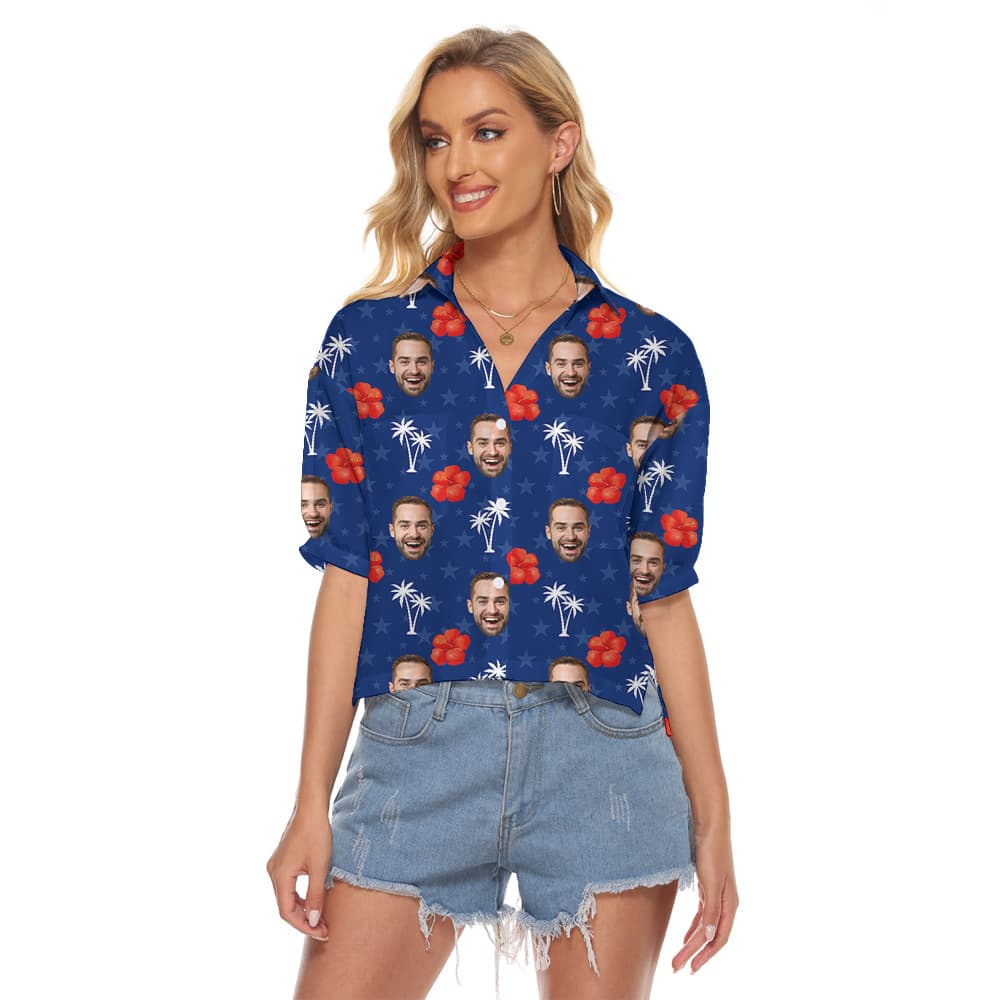 Custom Face Patriotic Hibiscus Hawaiian Crop Top Shirt For Women