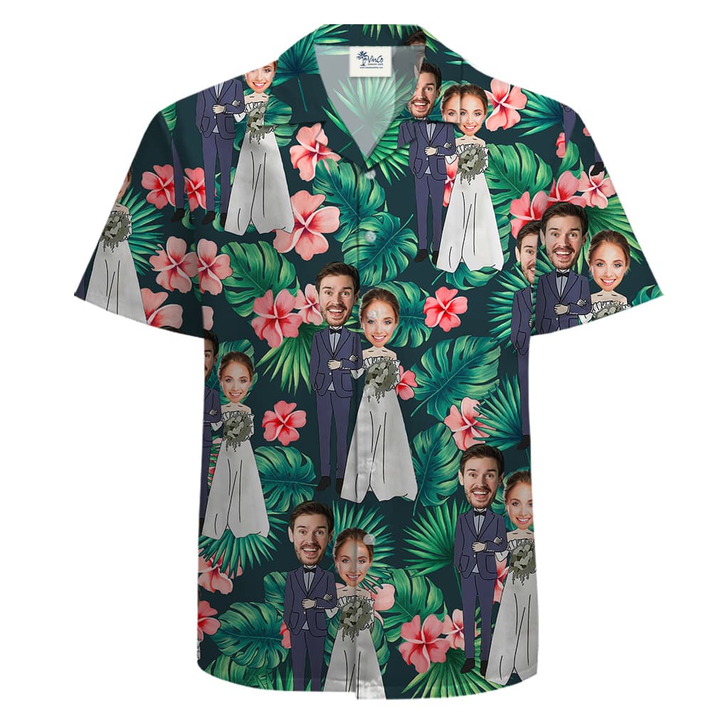 A Short Sleeve Shirt with Custom Face on Cartoon Bride and Groom, with Tropical Leaves and Flowers