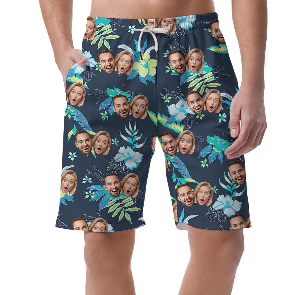 Custom Faces On Men's Beach Shorts Tropical Navy
