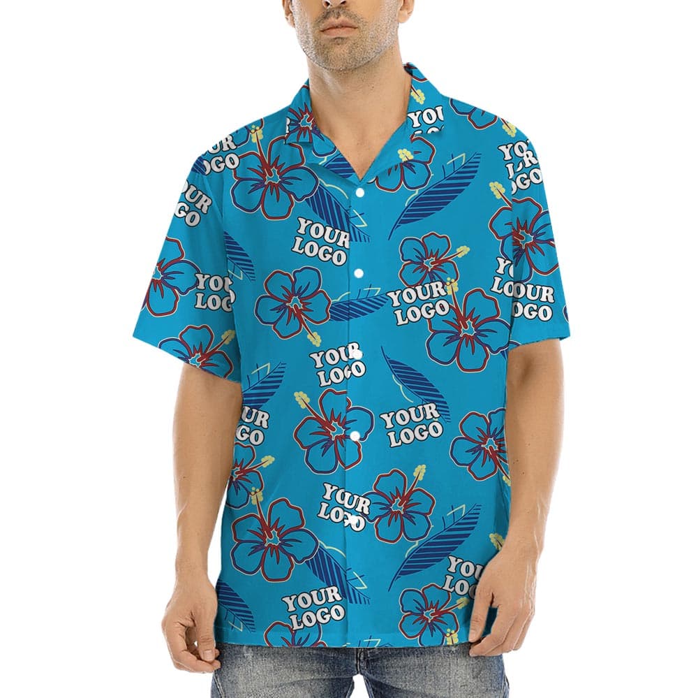 Custom Logo Blue Men's Hula Shirt has a outstanding blue print with hibiscus, short sleeves and button up closure for both casual and formal look