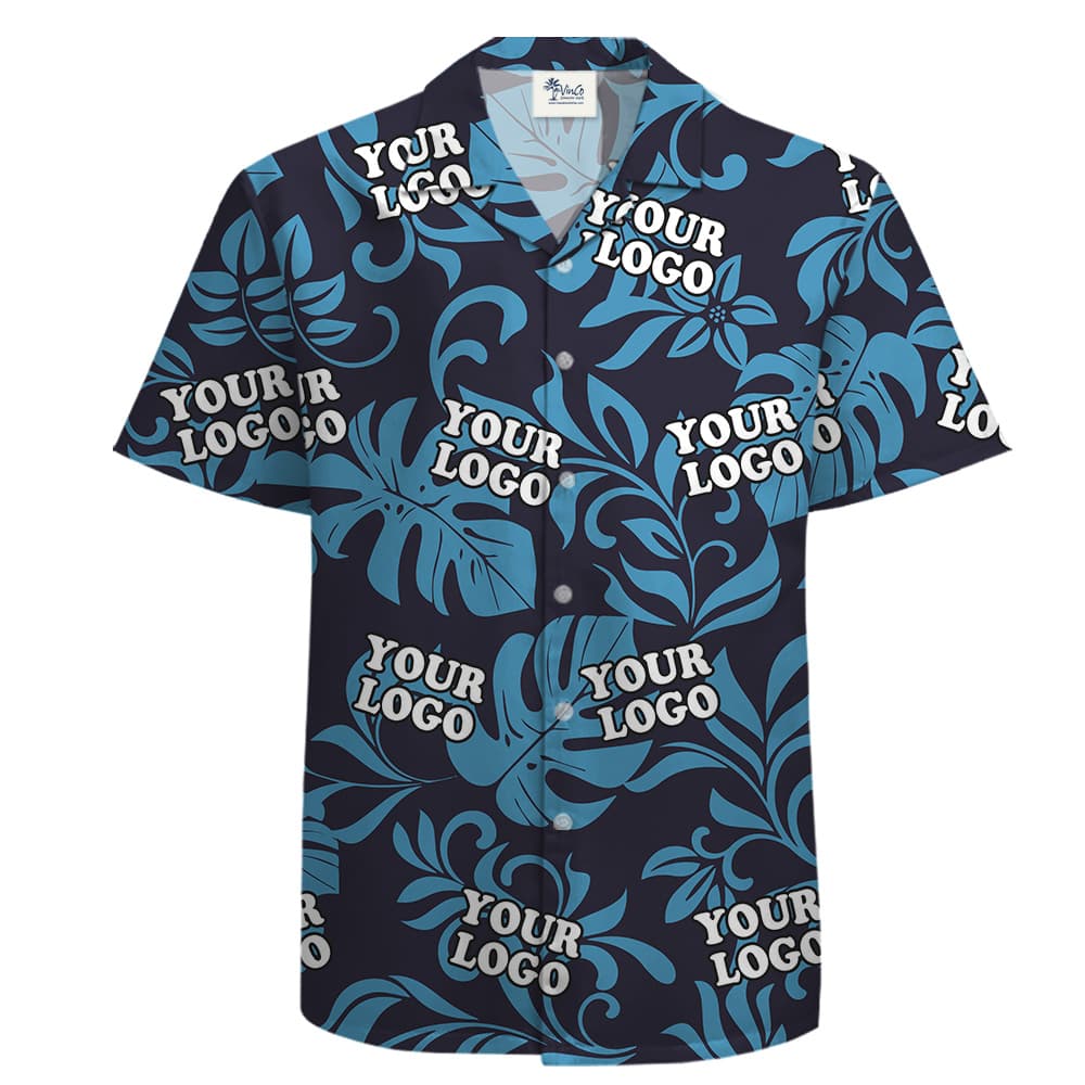 A Button-up Short Sleeve Cotton Blue Hawaiian Shirt for Men with Custom Logo