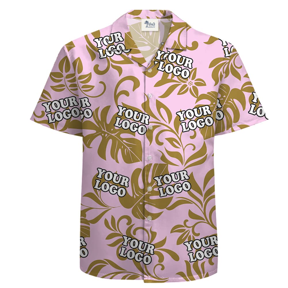 Custom Logo Button-up Short Sleeve Cotton Pink Hawaiian Shirt