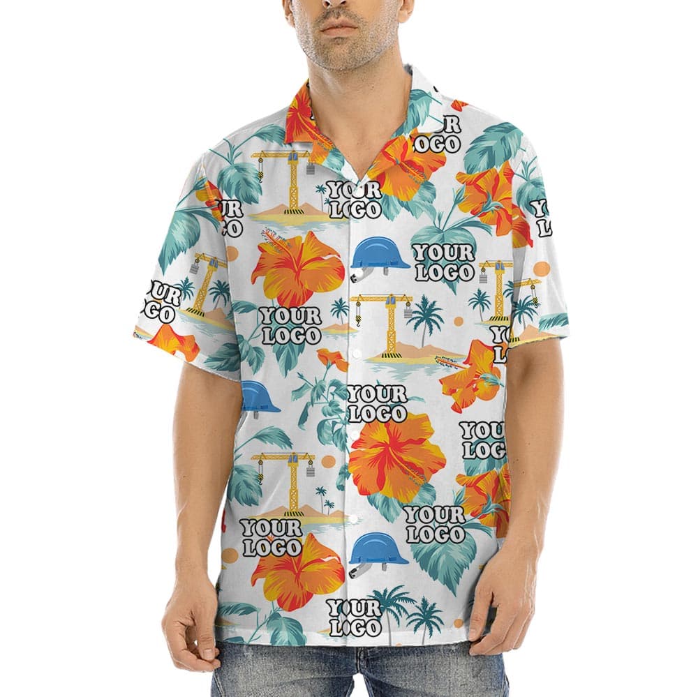 Custom Logo Construction Theme Hawaiian Shirt has beautiful tropical prints with hibiscus, leaves, tower canes and hardhats for a construction theme