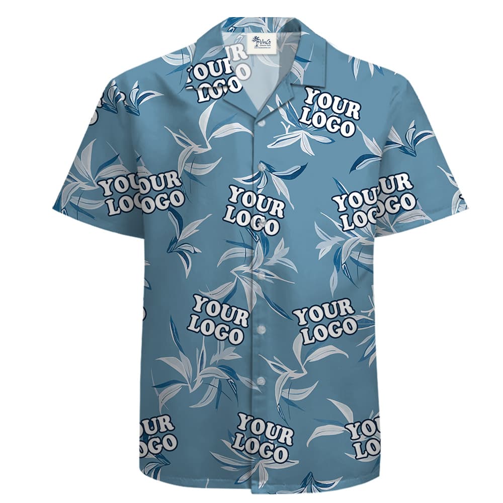 A Short Sleeve Shirt for Men featuring light blue and white bloom flowers scattered on a deep blue canvas; with custom logo