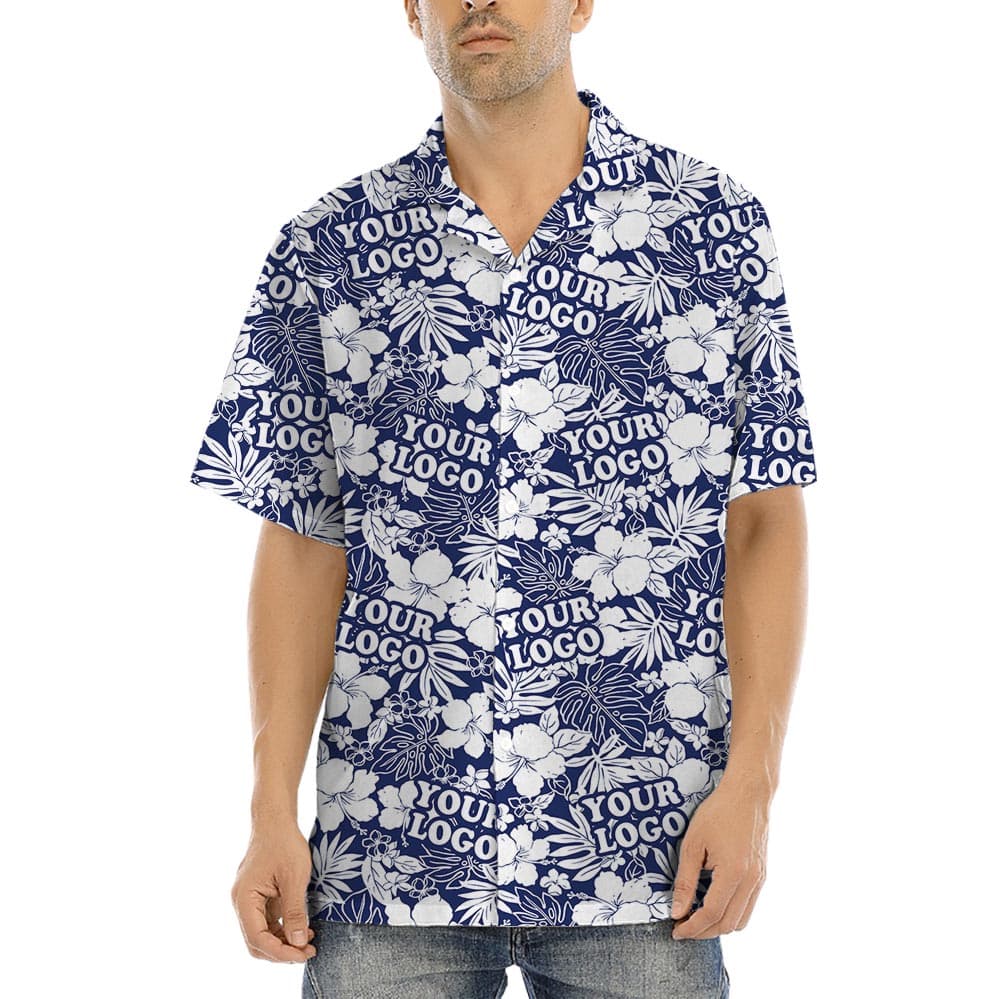 Custom Logo Navy Hawaiian Shirts For Men have tropical background with hibiscus and tropical leaves, navy background for a cool look and custom your logo for a unique print!