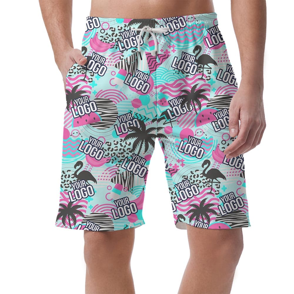 Custom Logo On Men's Hawaiian Shorts has a retro Hawaiian pattern with palm tree