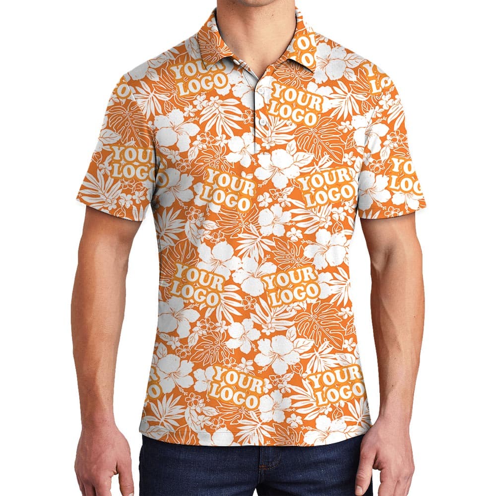 Custom Logo Orange Team Tropical Polo Shirt For Men has a tropical print on an orange background, with hibiscus, leaves and your team logo!