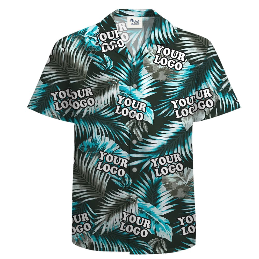 Short-sleeve button-up shirt featuring a black and turquoise leaf design with custom logo spaces.