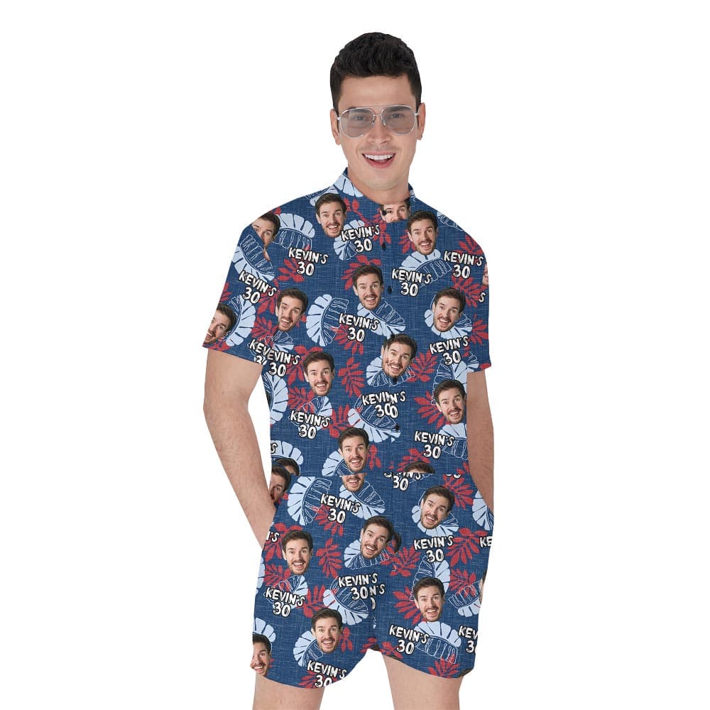 Custom Men's Navy Tropical Romper With Photo