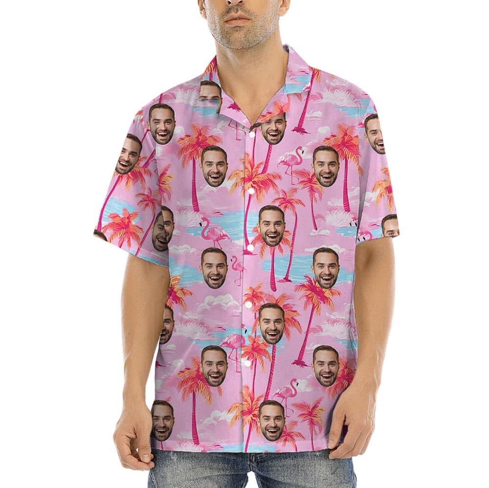 Custom Multiple Faces Pink Hawaiian Shirt For Men has a unique pink pattern with palm trees and custom logo options, with button up style and short sleeves