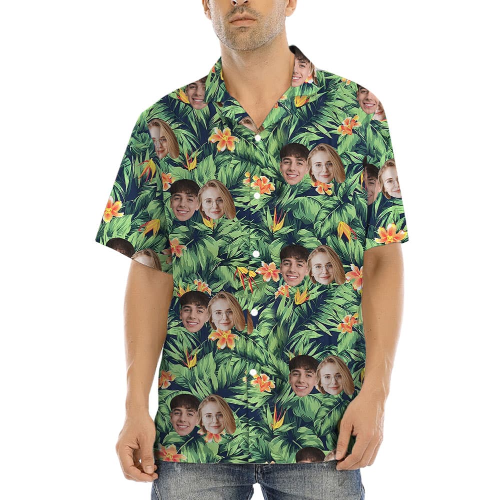 Custom Up To 4 Faces Green Tropical Hawaiian Shirt