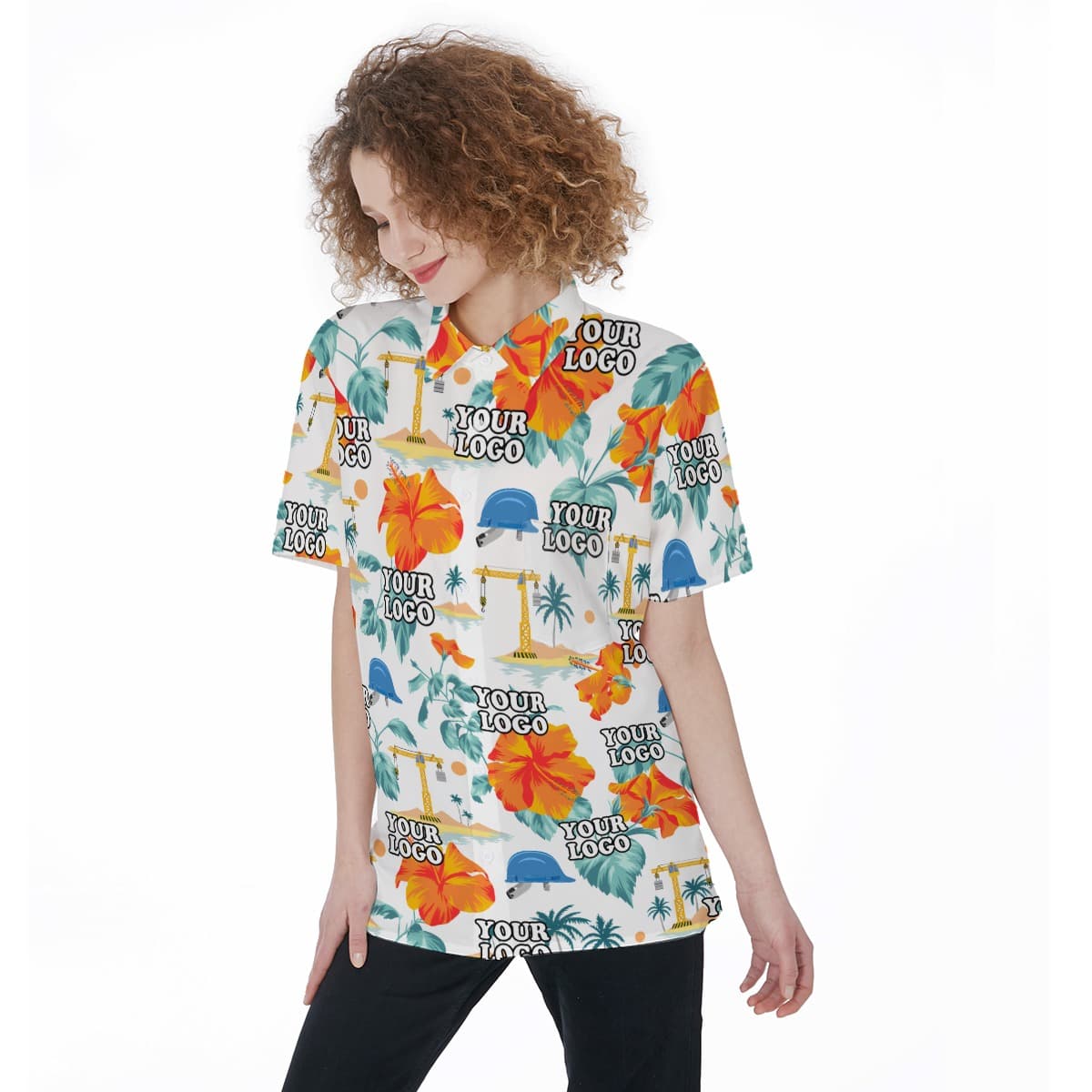 Custom Women's Construction Hawaiian Shirt With Company Logo