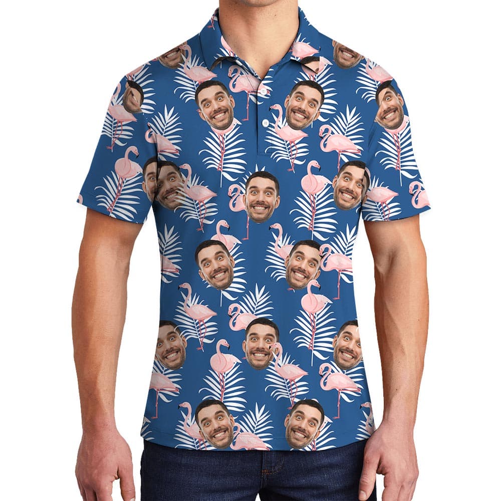 Customized Men's Navy Tropical Polo With Pink Flamingo: a fun polo shirt with Hawaiian print