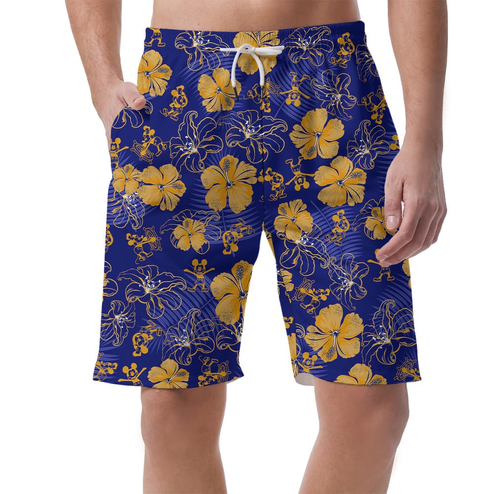 Cute Mickey Steamboat Willie Classic Floral Navy Beach Shorts For Men