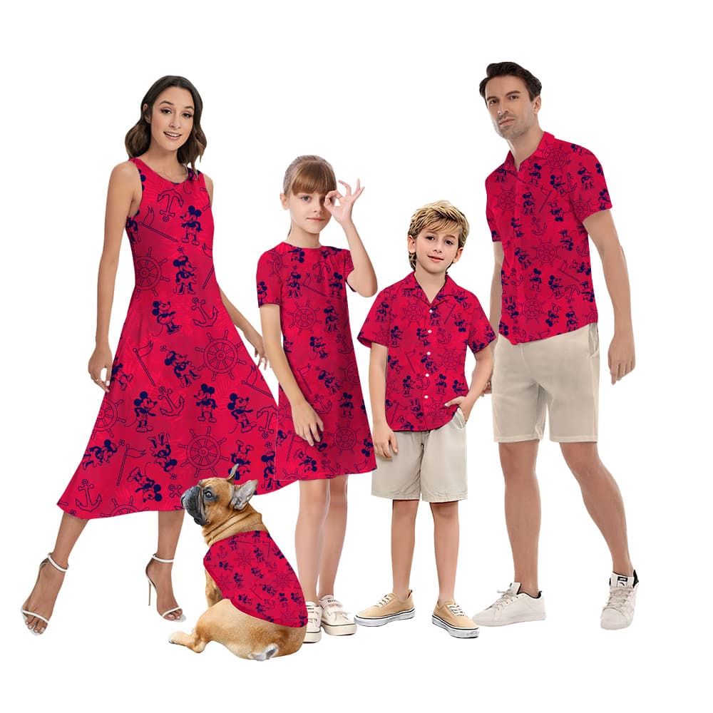 Cute Mickey Steamboat Willie Classic Red Matching Family Hawaiian Outfits