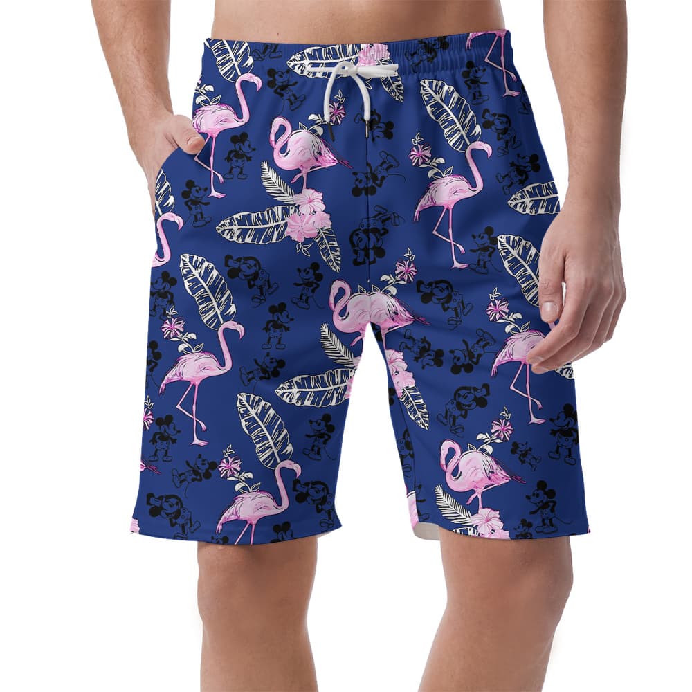 Cute Mickey Steamboat Willie Flamingo Navy Beach Shorts For Men