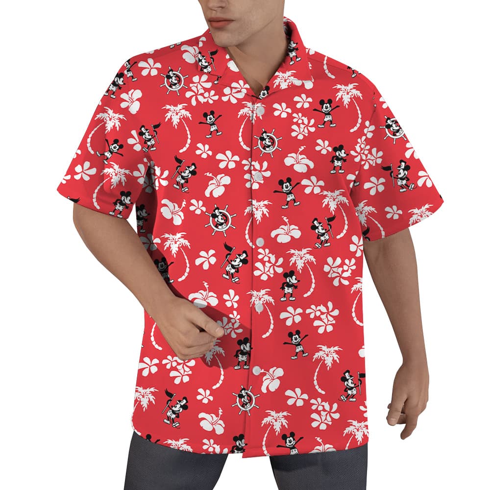 Cute Mickey Steamboat Willie Floral Palm Trees Red Hawaiian Shirt (1)