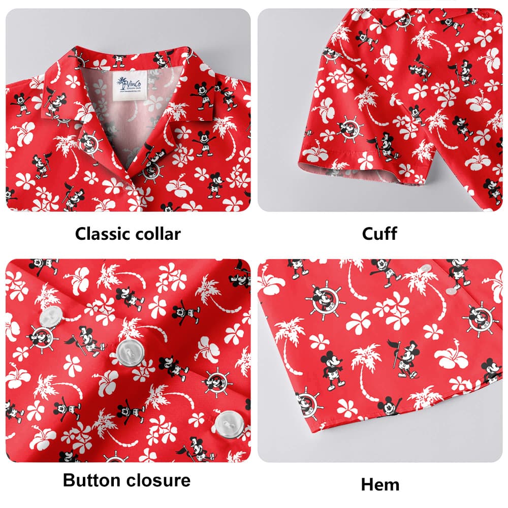 Cute Mickey Steamboat Willie Floral Palm Trees Red Hawaiian Shirt
