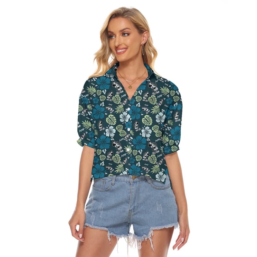 Cute Mickey Steamboat Willie Green Hibiscus Hawaiian Cropped Shirt