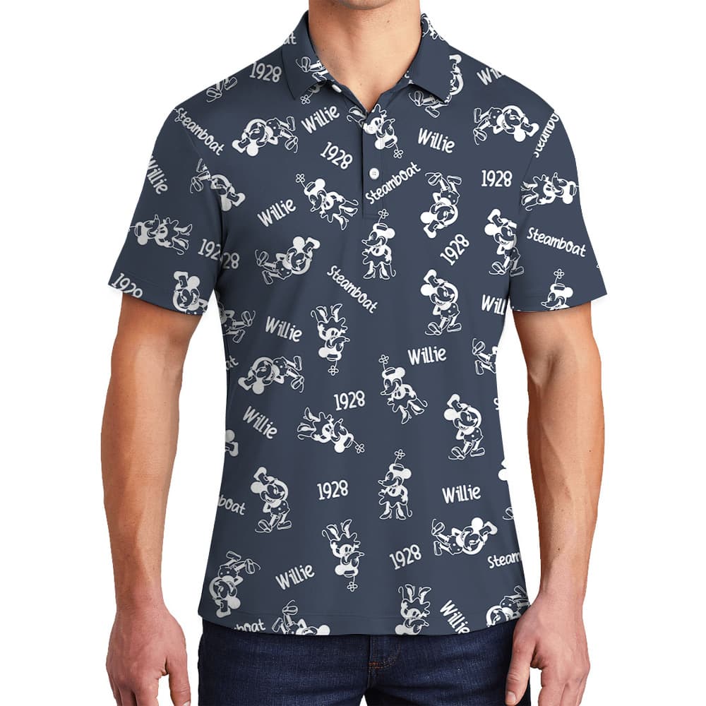 Cute Mickey Steamboat Willie Movie 1928 Navy Men's Hawaiian Polo Shirt