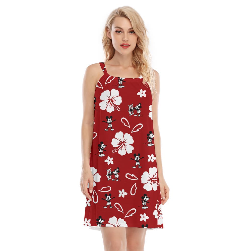 Cute Mickey Steamboat Willie Movie Classic Hibiscus Red Aloha Dress