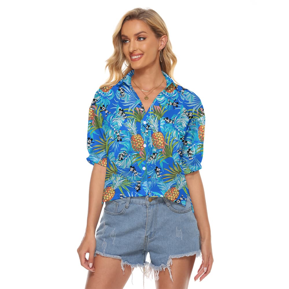 Cute Mickey Steamboat Willie Pineapple Blue Women's Crop Top Shirt