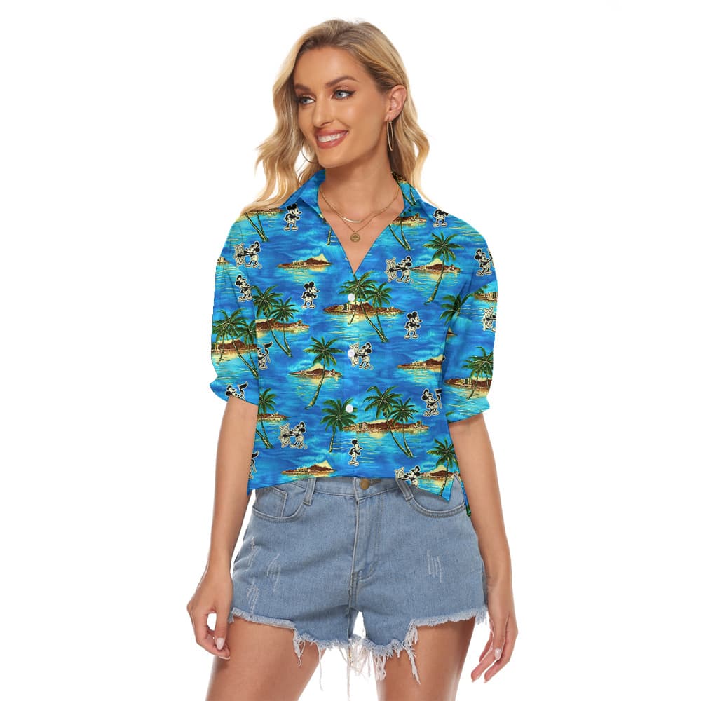 Cute Mickey Steamboat Willie Tropical Islands Blue Hawaiian Cropped Shirt