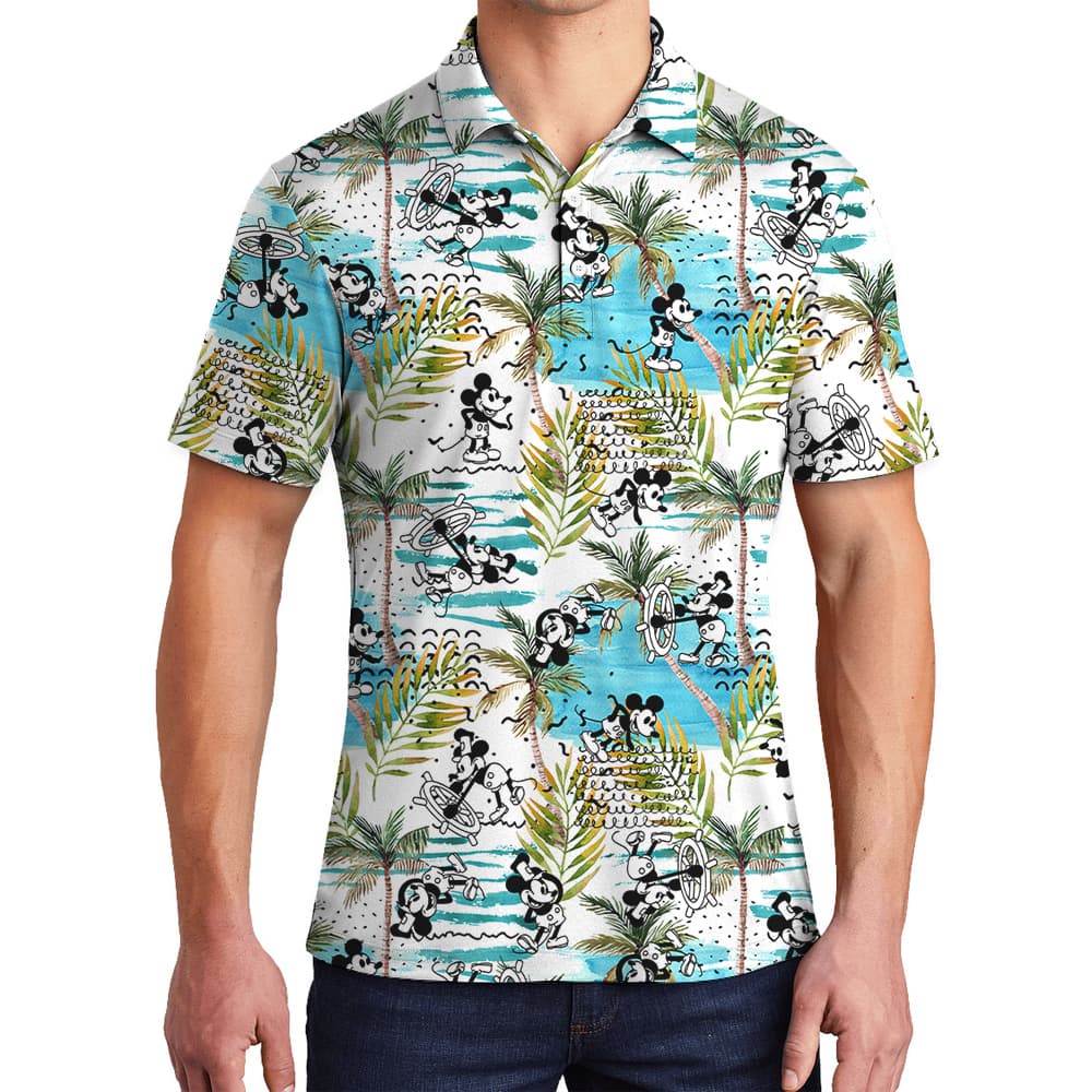 Cute Mickey Steamboat Willie Tropical Palm Trees Men's Hawaiian Polo Shirt