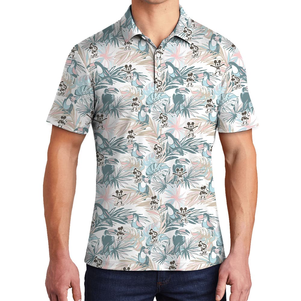 Cute Mickey Steamboat Willie Tropical Parrot Hawaiian Polo Shirt For Men