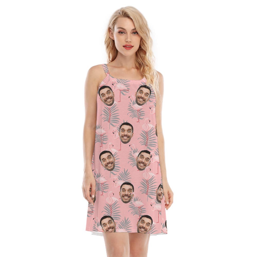 Cute Pink Flamingo Dress With Custom Face For Women having a pink tropical background with flamingo and custom face all over print